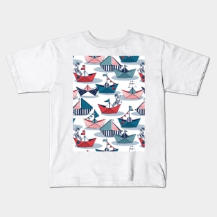 Origami dog day at the lake // pattern // white background red teal and blue origami sail boats with cute Dalmatian Kids T-Shirt